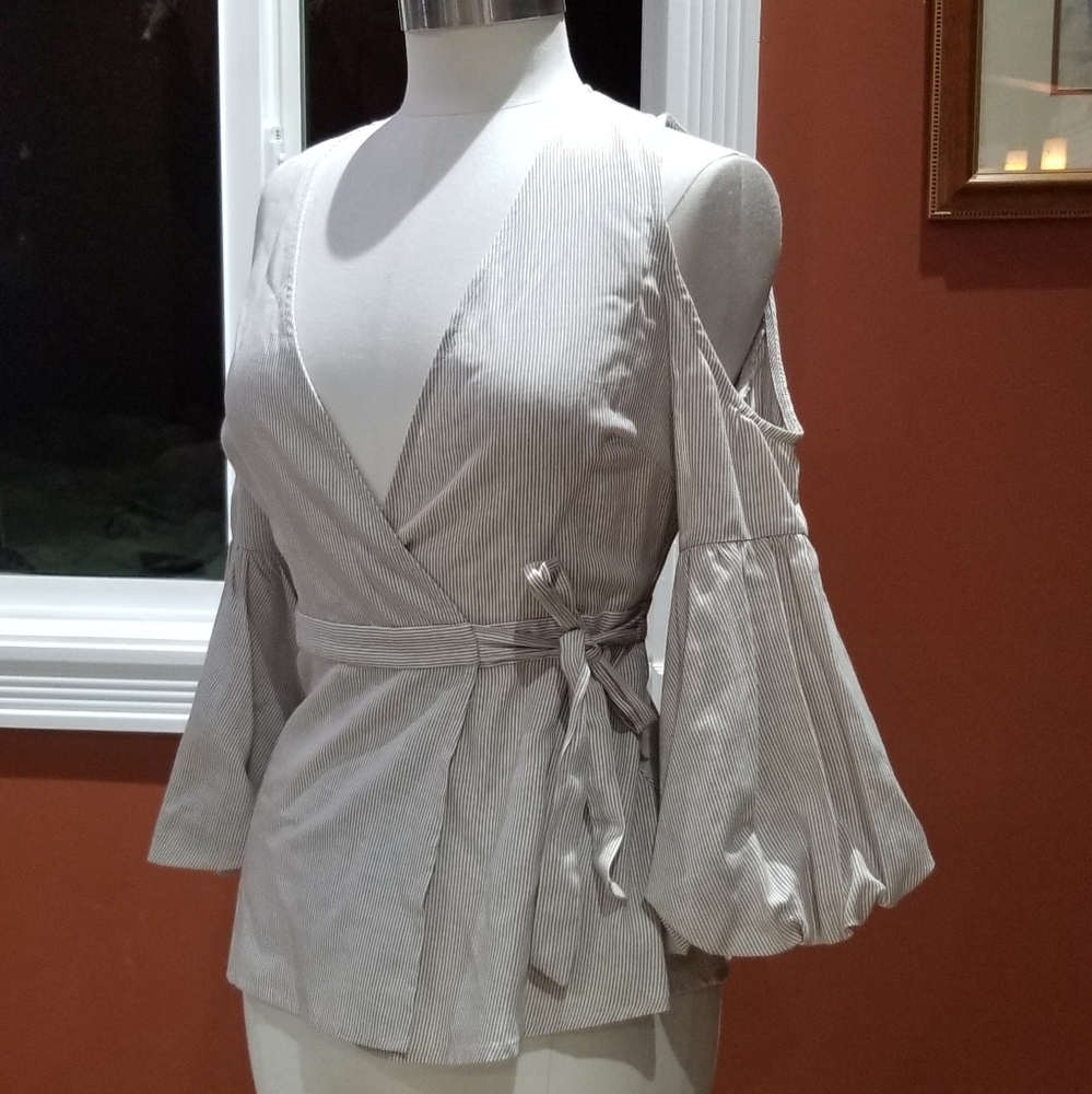 BCBGMAXAZRIA khaki striped bell sleeve top
